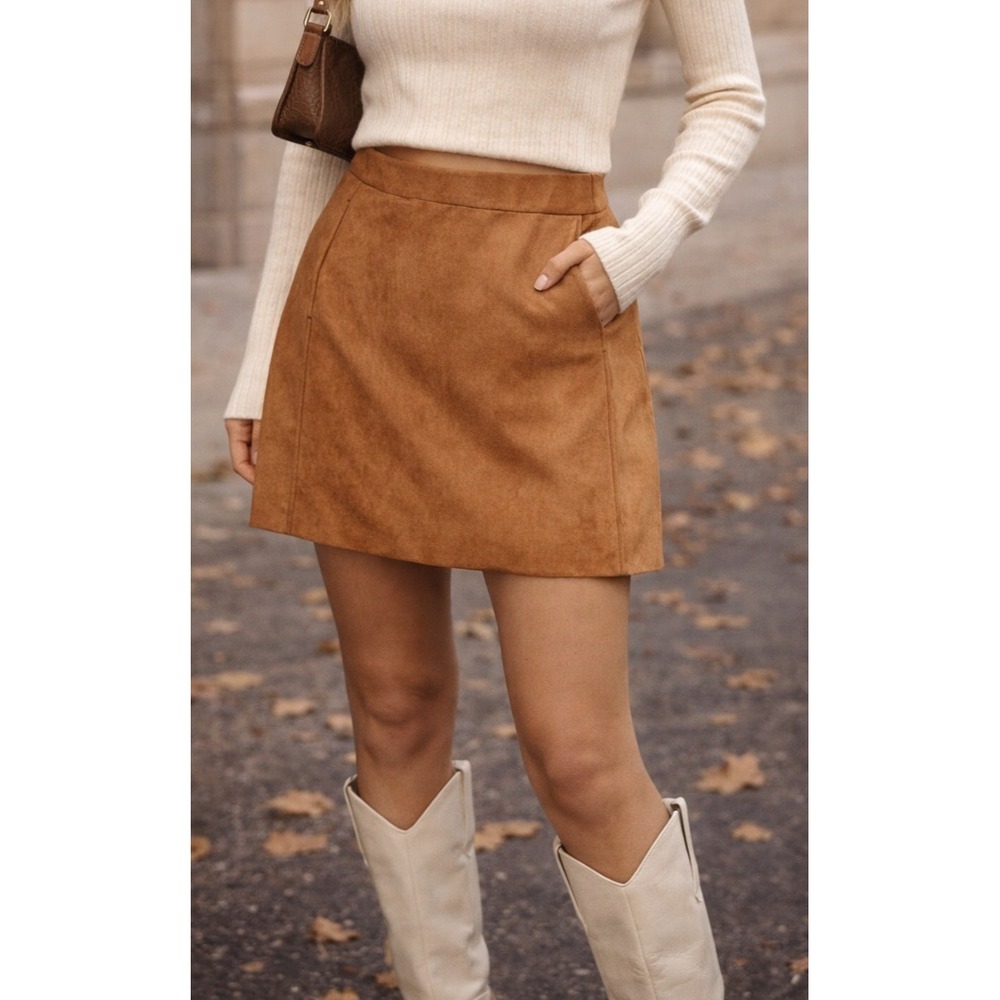 J.Crew Faux Suede Mini Skirt Tan Brown A-Line Size 6 Y2K A-Line Pockets